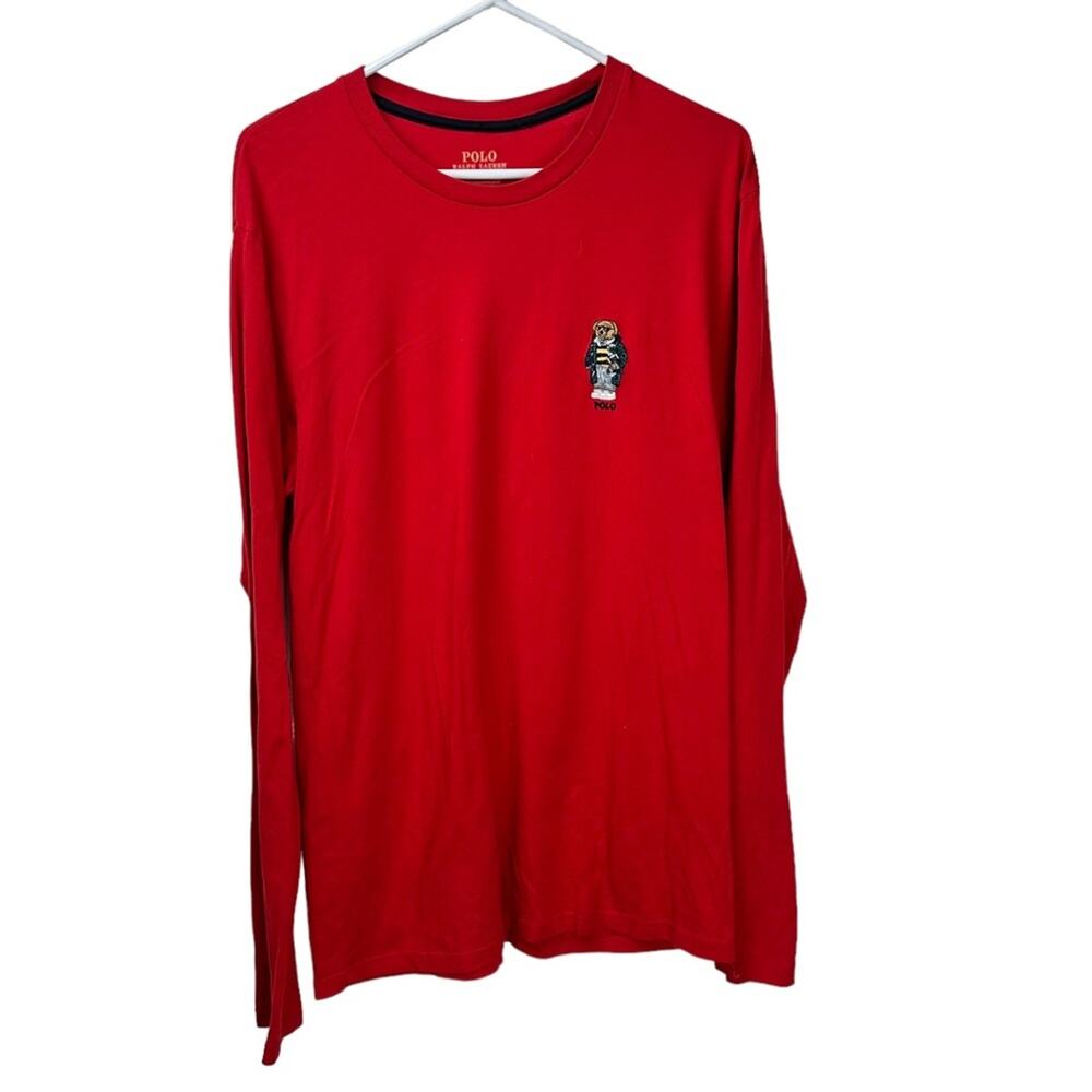 POLO Ralph Lauren Bear Logo Long Sleeve Cotton Tee Red Size Medium